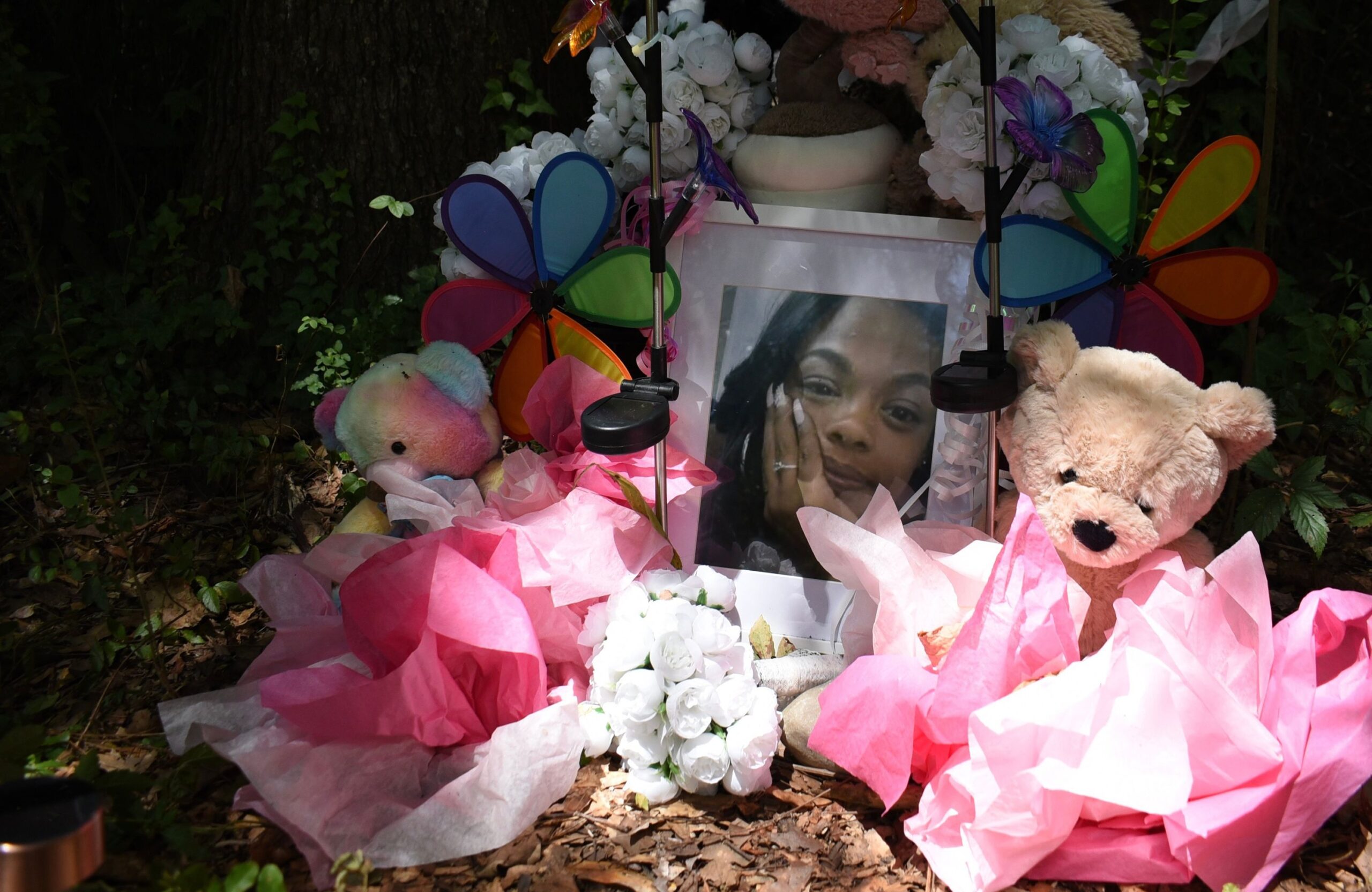 <i>Sophie Bates/AP via CNN Newsource</i><br/>A makeshift memorial honoring Tasia Fortune stands in the backyard of the property where her body was found