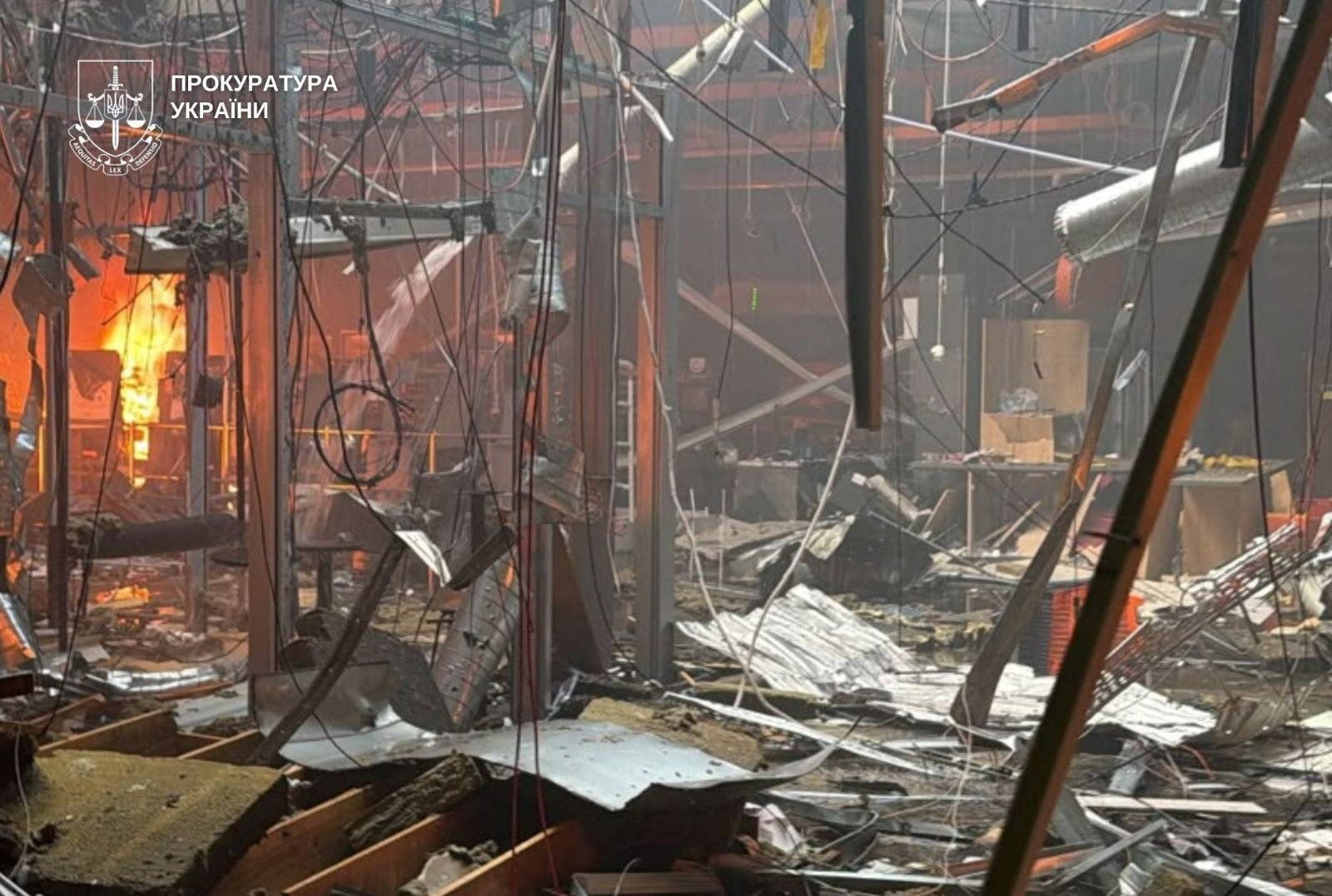 <i>Prosecutor General's Office/Handout/Reuters via CNN Newsource</i><br/>A site of a shopping centre hit by a Russian drones attack
