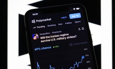A betting page on the potential fall of the Iranian regime by June 30 appears on the Polymarket platform on a smartphone in Creteil