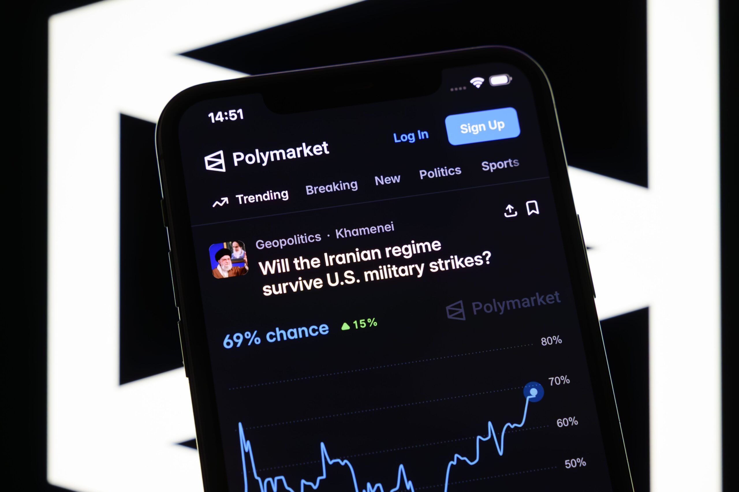 <i>Samuel Boivin/NurPhoto/Getty Images via CNN Newsource</i><br/>A betting page on the potential fall of the Iranian regime by June 30 appears on the Polymarket platform on a smartphone in Creteil