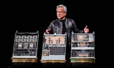 AI server racks are displayed during Nvidia's product showcase at the Computex trade show in Taipei on June 3.