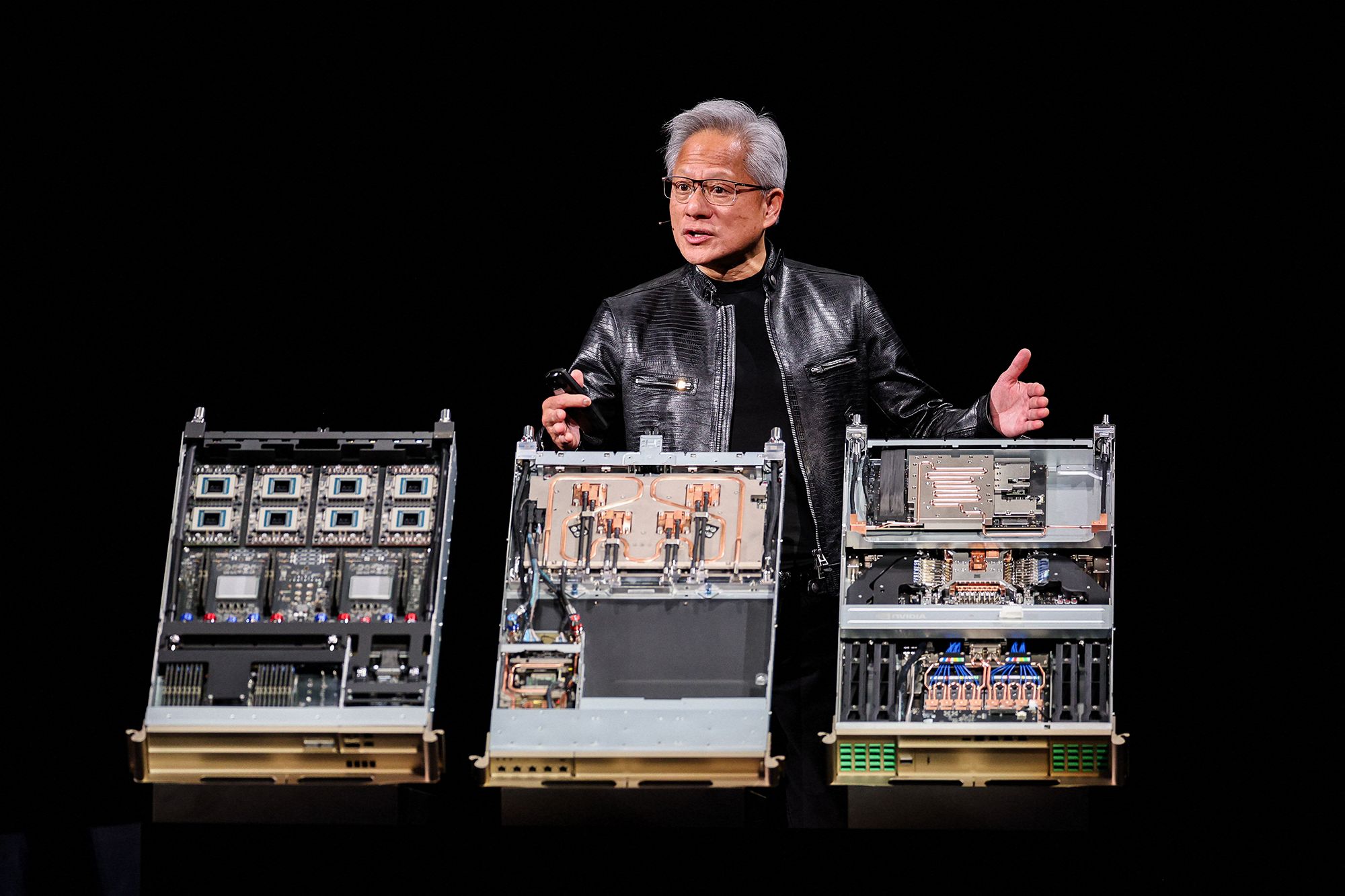 <i>I-Hwa Cheng/AFP/Getty Images via CNN Newsource</i><br/>AI server racks are displayed during Nvidia's product showcase at the Computex trade show in Taipei on June 3.