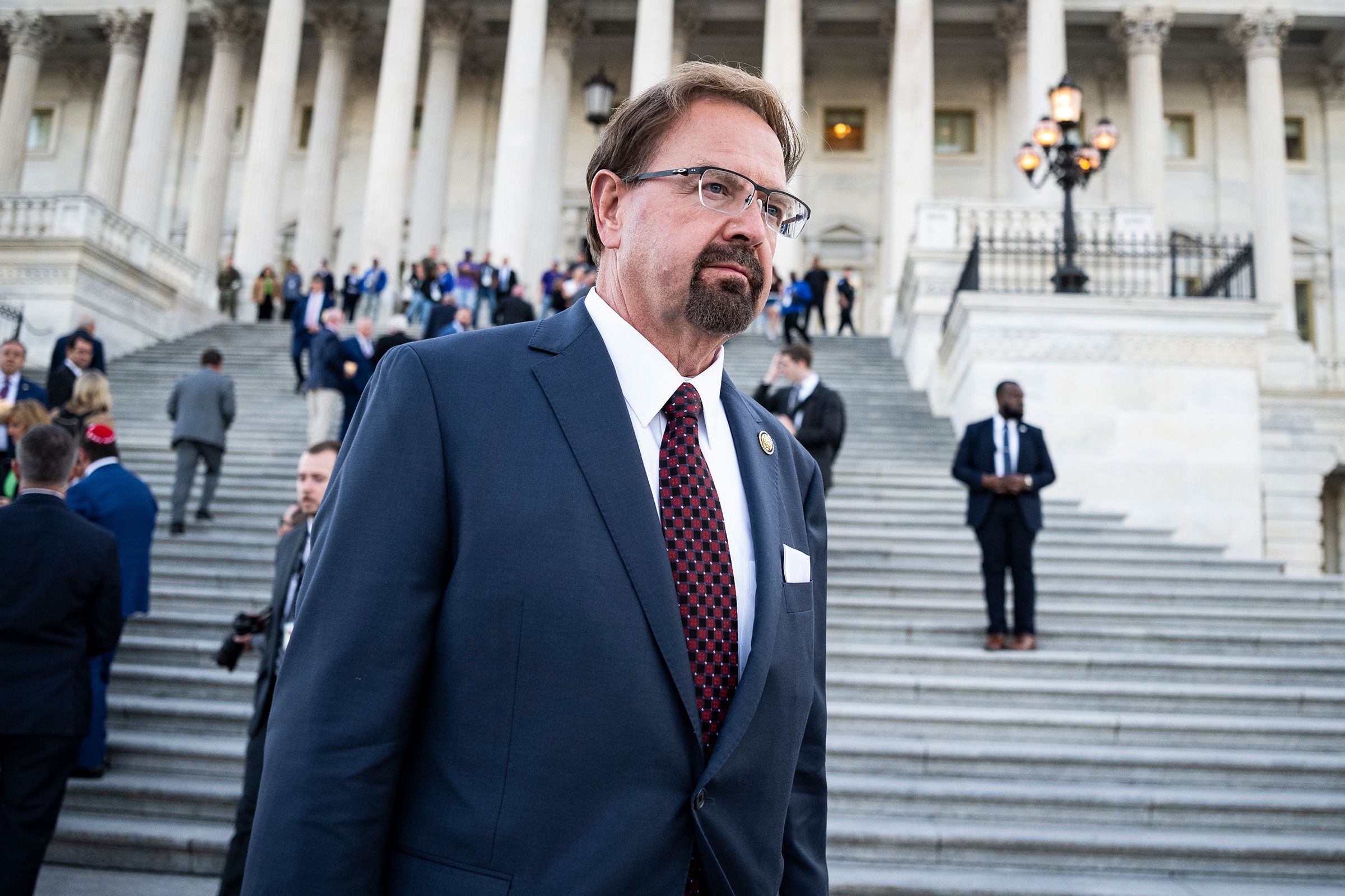 <i>Graeme Sloan/Getty Images/File via CNN Newsource</i><br/>Rep. Chuck Edwards departs an event at the US Capitol on May 12.