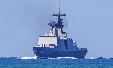 A Taiwanese navy Kang Ding-class frigate navigates the coastal waters off Kaohsiung during naval maneuvers on the first day of the annual Han Kuang military exercise in Kaohsiung