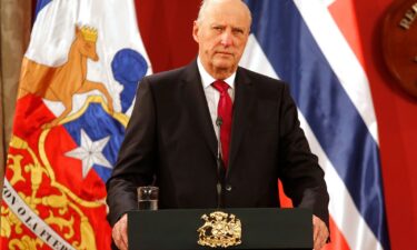 King Harald V during a press conference during a visit to Chile on March 27