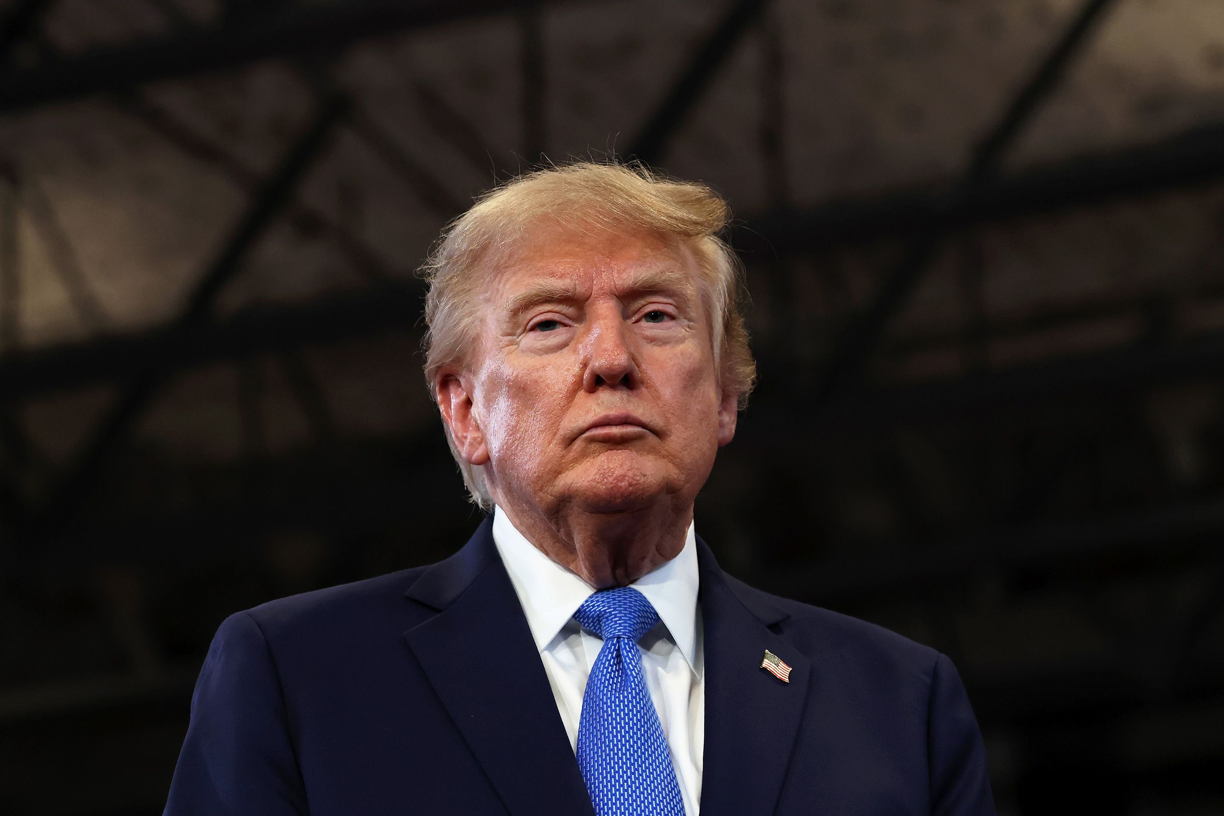 <i>Samuel Corum/Getty Images/File via CNN Newsource</i><br/>President Donald Trump departs after delivering remarks at the David S. Mack Center for Training and Intelligence in Garden City