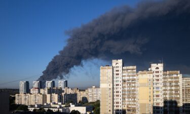 Smoke rising after a Russian air attack on Kyiv on August 29.