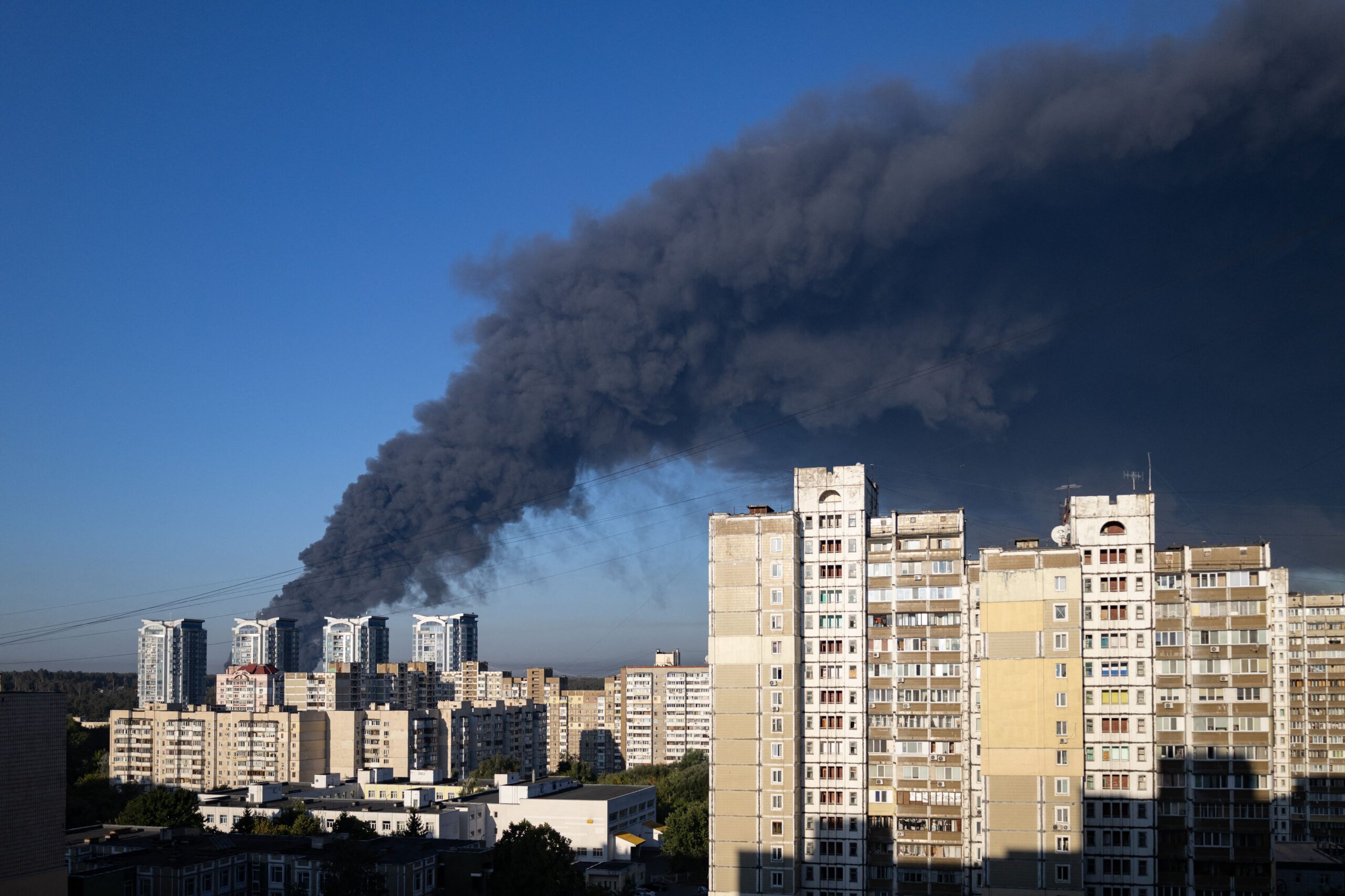 <i>Serhii Okunev/AFP/Getty Images via CNN Newsource</i><br/>Smoke rising after a Russian air attack on Kyiv on August 29.