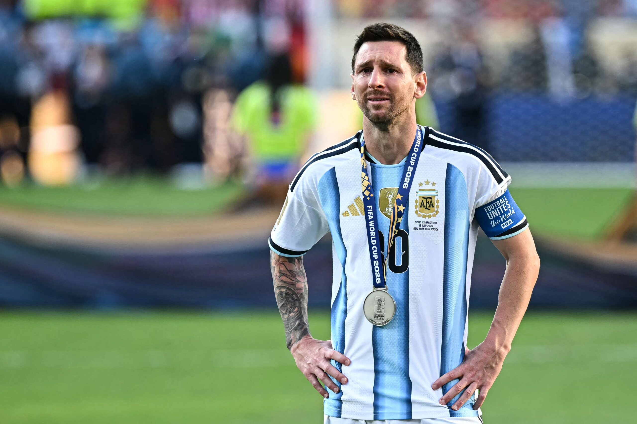 <i>Paul Ellis/AFP/Getty Images via CNN Newsource</i><br/>Argentina's forward Lionel Messi cries after Argentina lost the World Cup final to Spain last month.