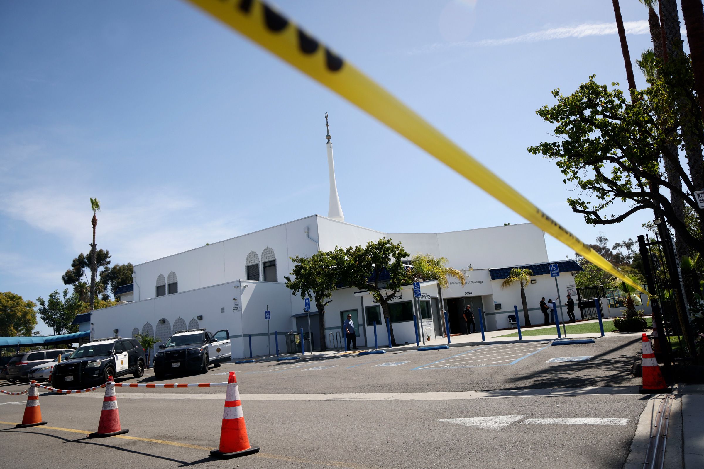 <i>Sandy Huffaker/Getty Images via CNN Newsource</i><br/>Police tape blocks off the Islamic Center of San Diego on May 19.