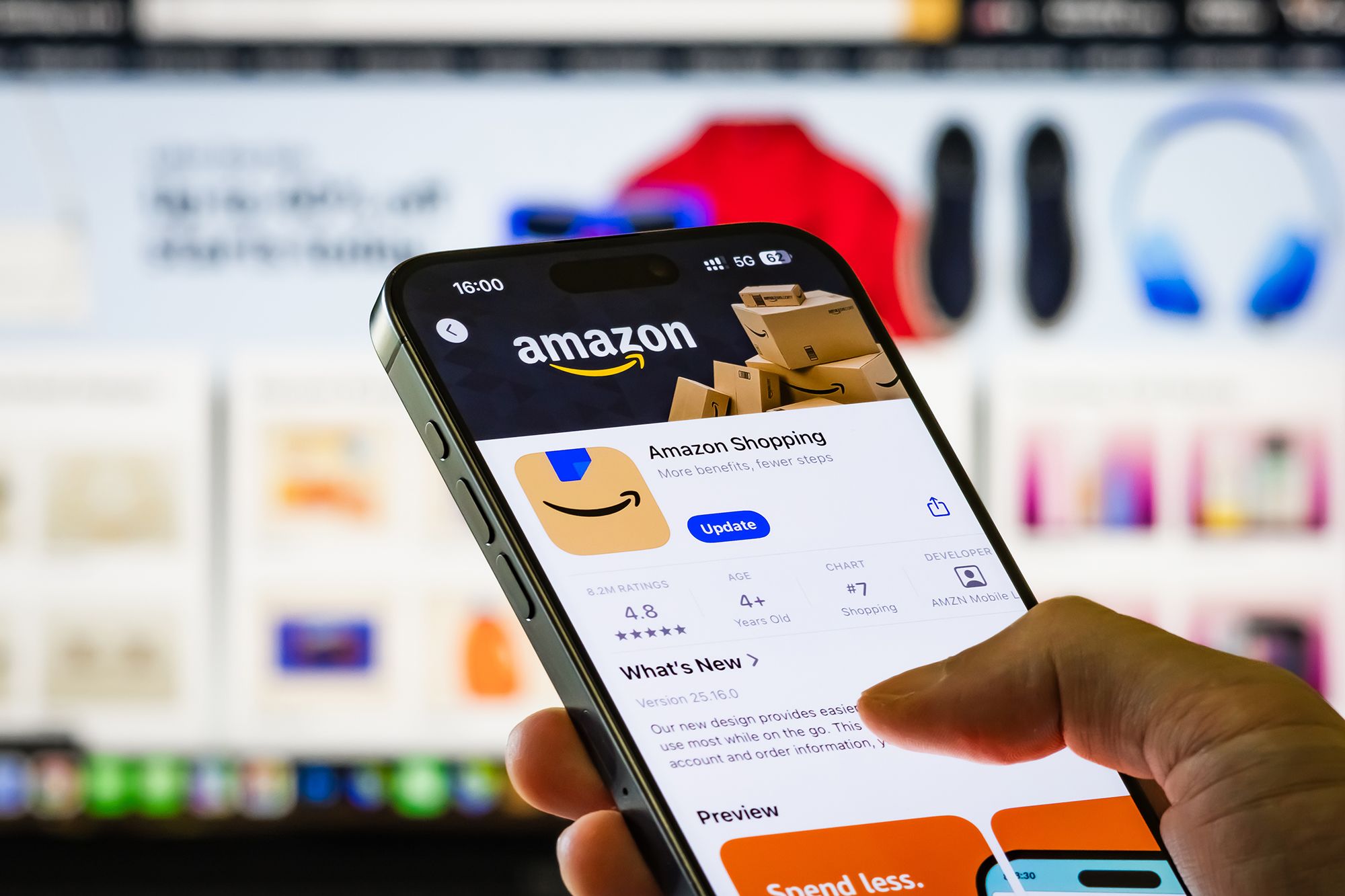 <i>Cheng Xin/Getty Images via CNN Newsource</i><br/>A person holds a smartphone showing the Amazon Shopping app page in the Apple App Store. The FTC and 22 states sued Amazon over advertising business practices on its vast e-commerce platform.