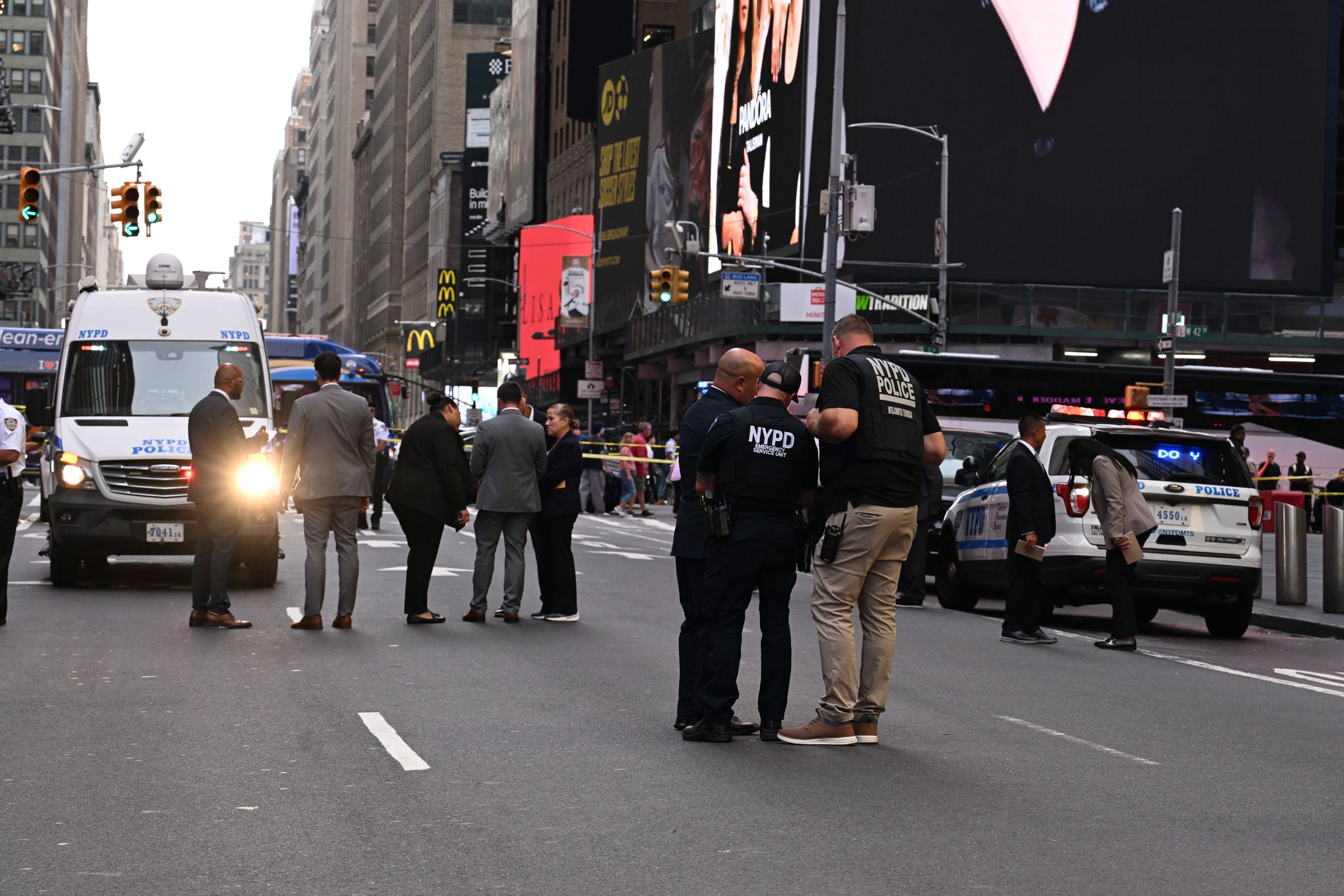 <i>Kyle Mazza/Sipa USA/AP via CNN Newsource</i><br/>NYPD officers reportedly shot a knife-wielding woman who is accused of stabbing at least two people in Times Square near the area of West 42nd Street and 7th Avenue in Manhattan