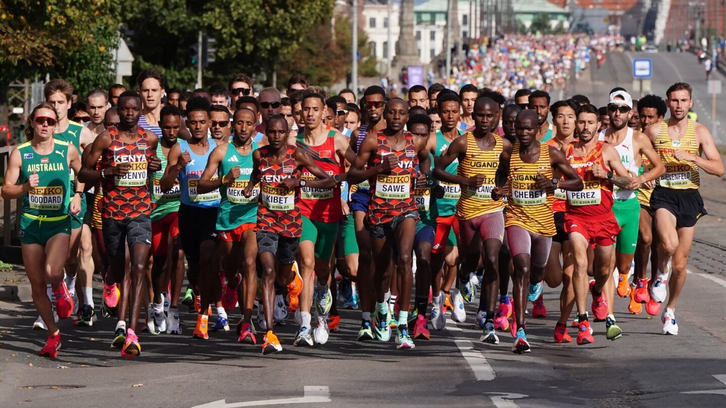 Competitors compete during the men's 21km race at the World Athletics Road Running Championships Riga 23 in Riga