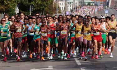 Competitors compete during the men's 21km race at the World Athletics Road Running Championships Riga 23 in Riga