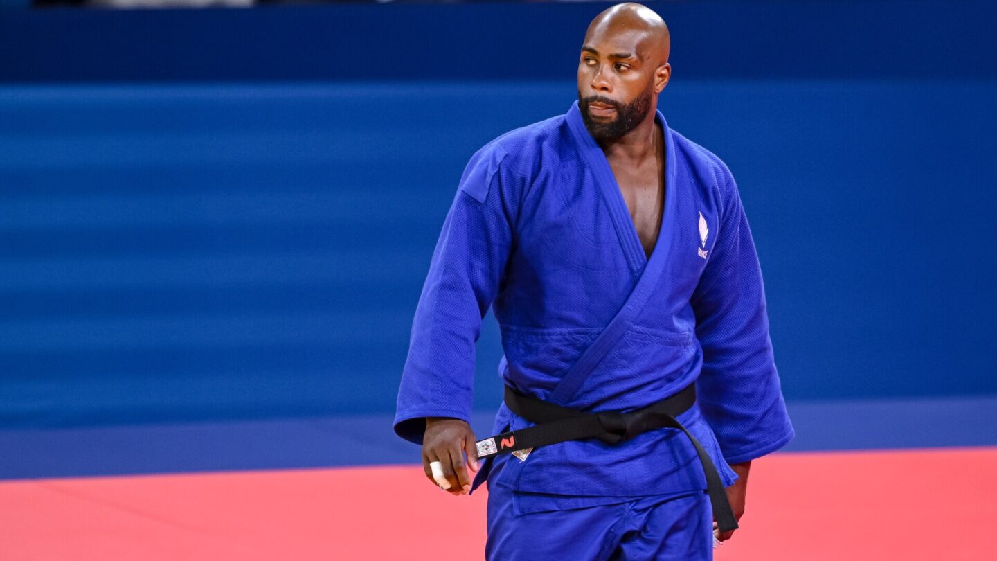 Minjong Kim of South Korea against Teddy Riner of France during the Judo Men +100 kg Final on Day 7 of the Olympic Games Paris 2024 at Champ-de-Mars Arena on August 2