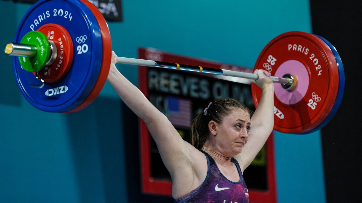 US' Olivia Reeves competes in the women's -71kg weightlifting event during the Paris 2024 Olympic Games at the South Paris Arena in Paris