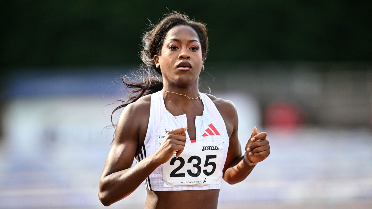 France's Cyrena Samba-Mayela reacts after competing to take fourth place in Women's 100m hurdles final at the Scottish Athletics Championships at Grangemouth Stadium