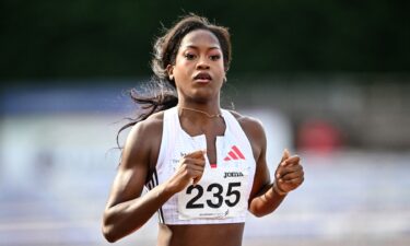 France's Cyrena Samba-Mayela reacts after competing to take fourth place in Women's 100m hurdles final at the Scottish Athletics Championships at Grangemouth Stadium