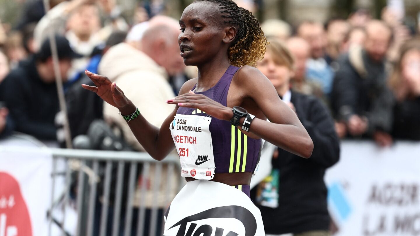 Kenya's athlete Agnes Jebet Ngetich reacts after crossing the finish line of the 10 km race at the Urban Trail Lille 2026 in Lille