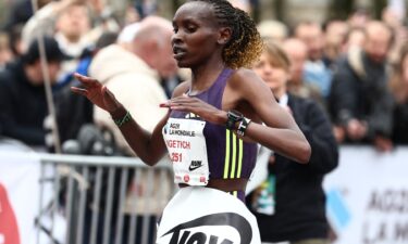 Kenya's athlete Agnes Jebet Ngetich reacts after crossing the finish line of the 10 km race at the Urban Trail Lille 2026 in Lille