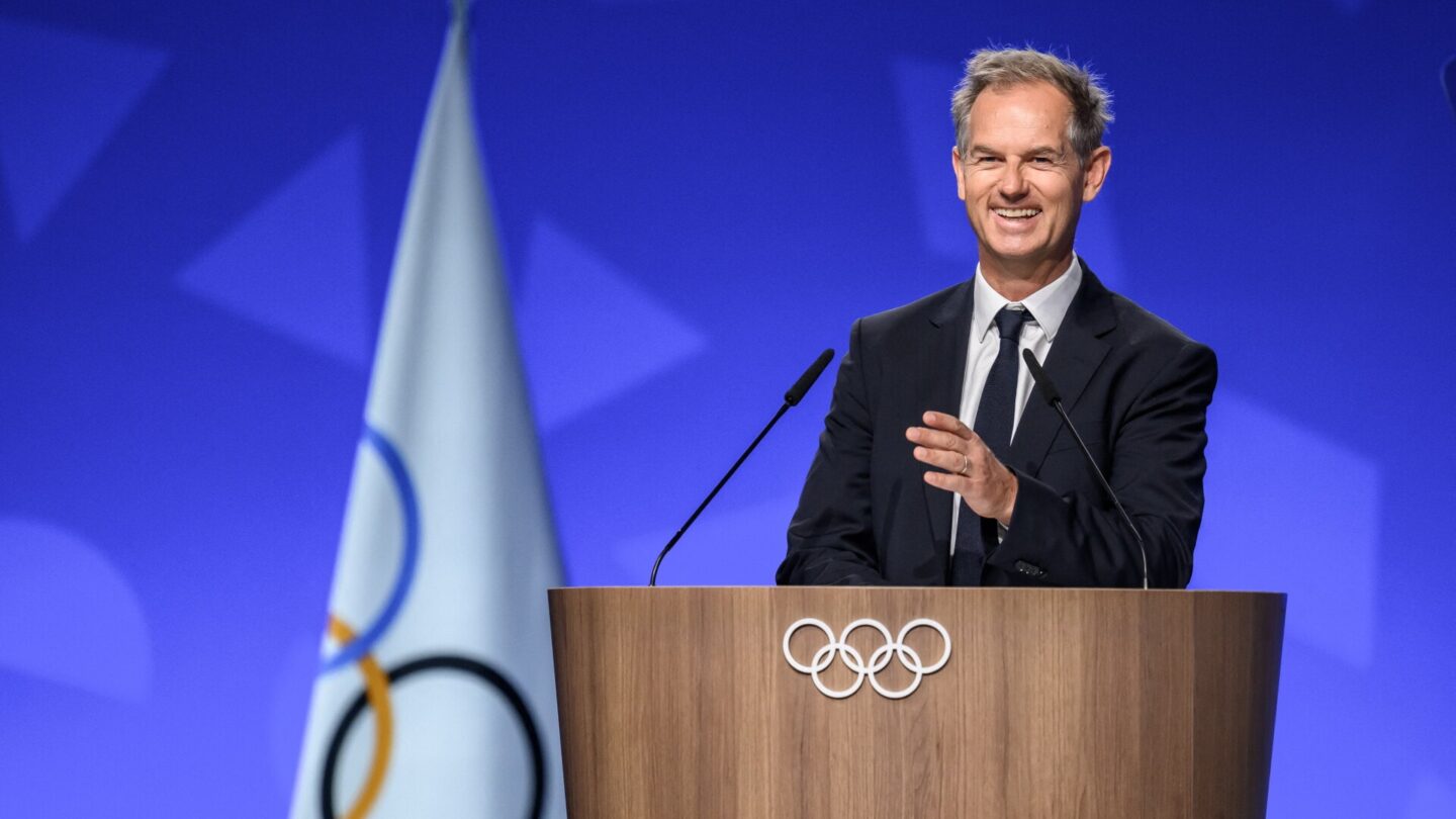 President of the Organizing Committee for the Alpes 2030 Winter Olympics Edgar Grospiron speaks during an extraordinary session of the International Olympic Committee (IOC) in Lausanne on June 25