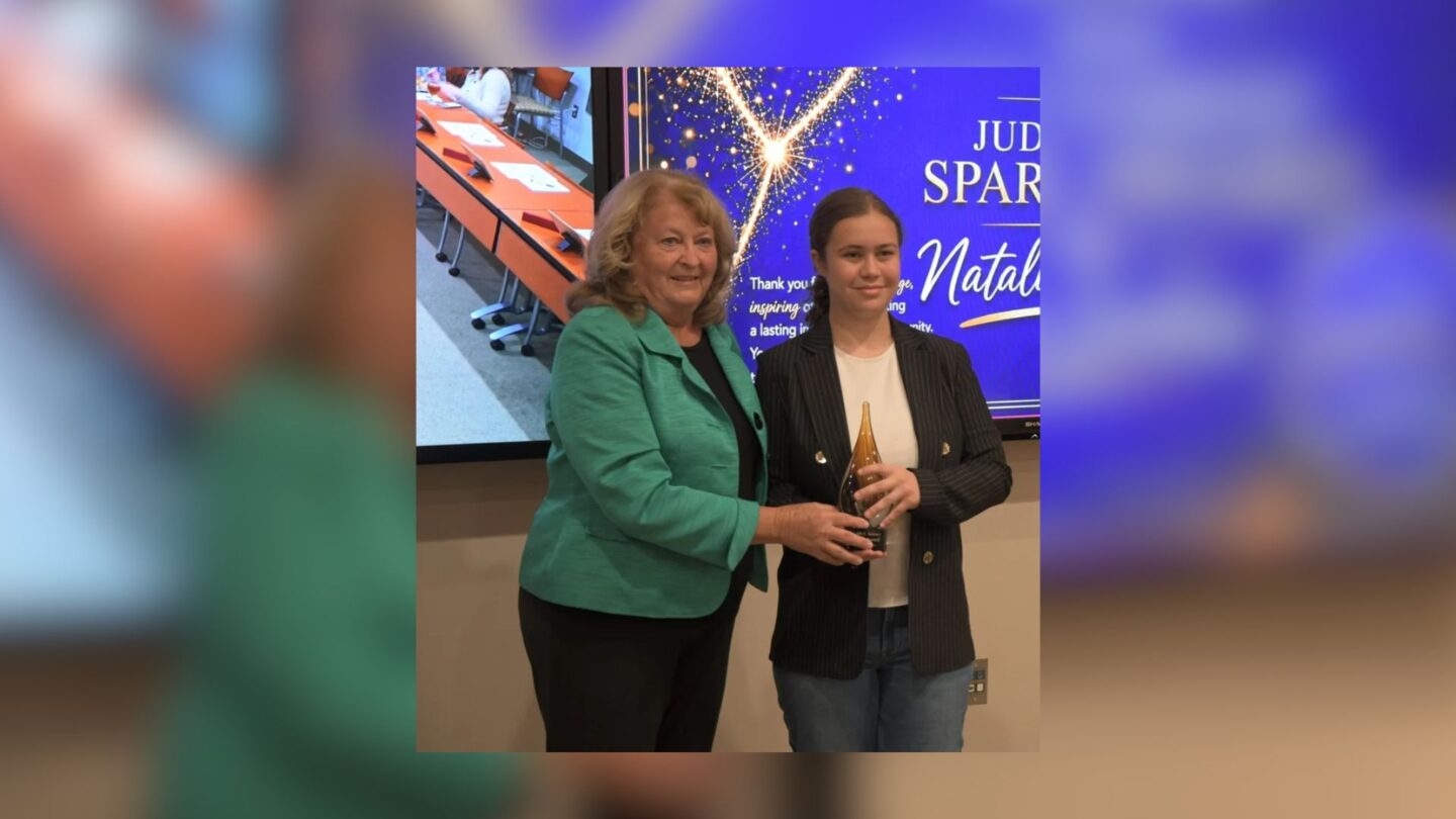 Natalia Larkin accepts 2026 Judith K. Sabbert Award from the Mosaic Life Care Foundation.