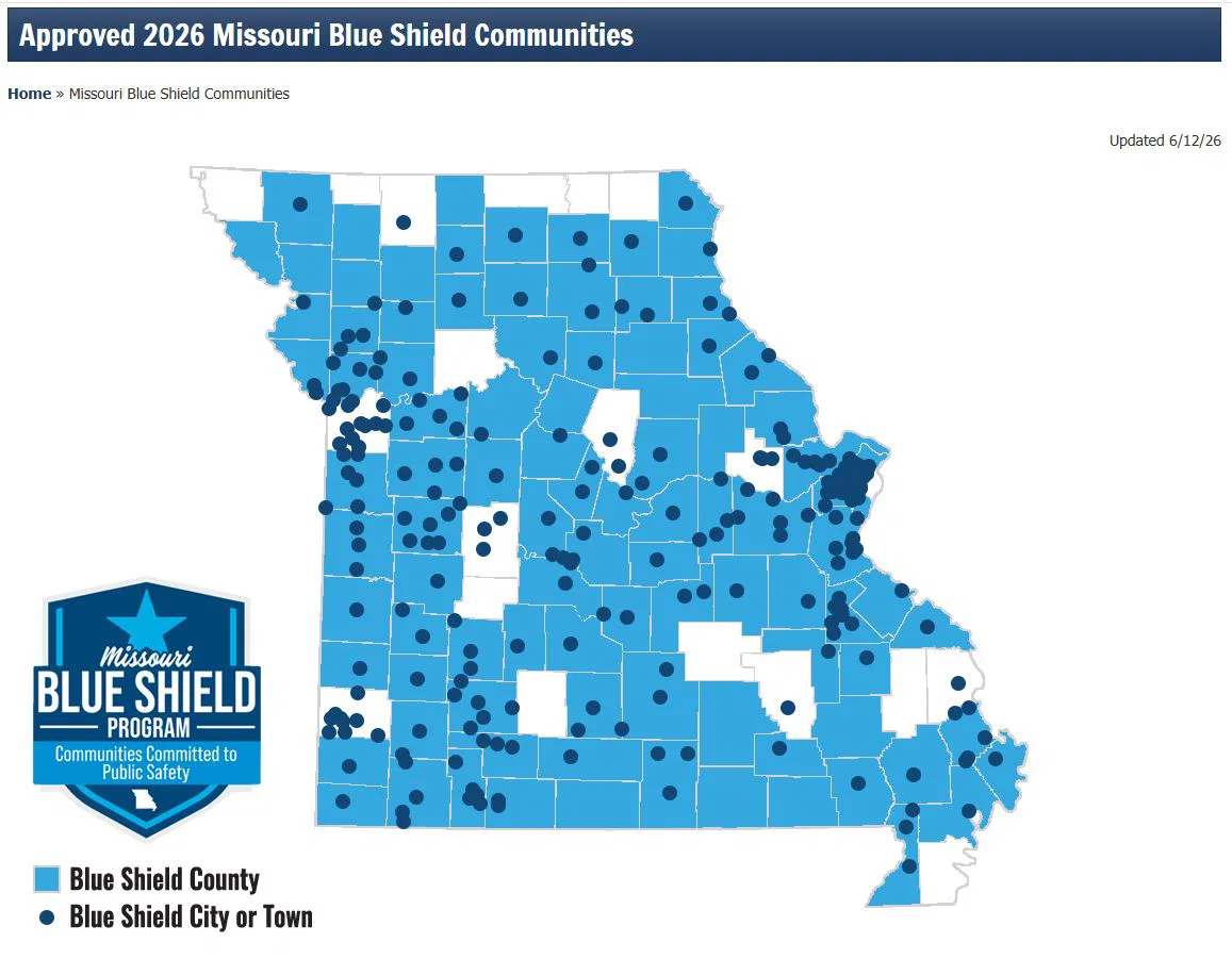 This map provided by the Missouri Department of Public Safety shows which counties and cities partake in the state’s Blue Shield program.
