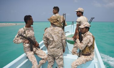 Yemeni soldiers patrol the strategic Bab el-Mandeb Strait on April 5.