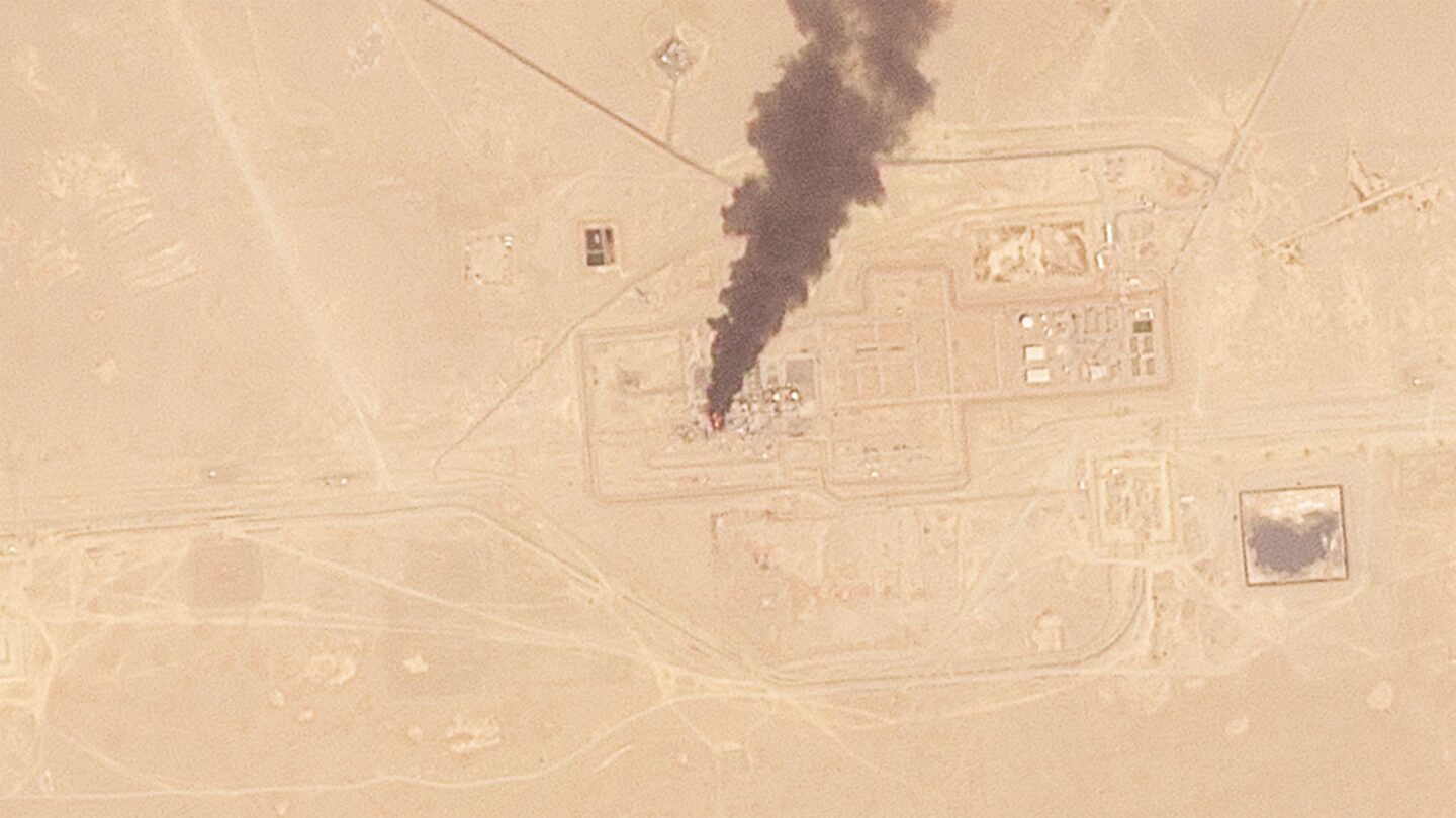 <i>Planet Labs via CNN Newsource</i><br/>A satellite image shows a small fire burning at a pumping station near Al Dhekra