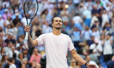 Alexander Zverev celebrates after winning his US Open semifinal match against Karen Khachanov on September 11.