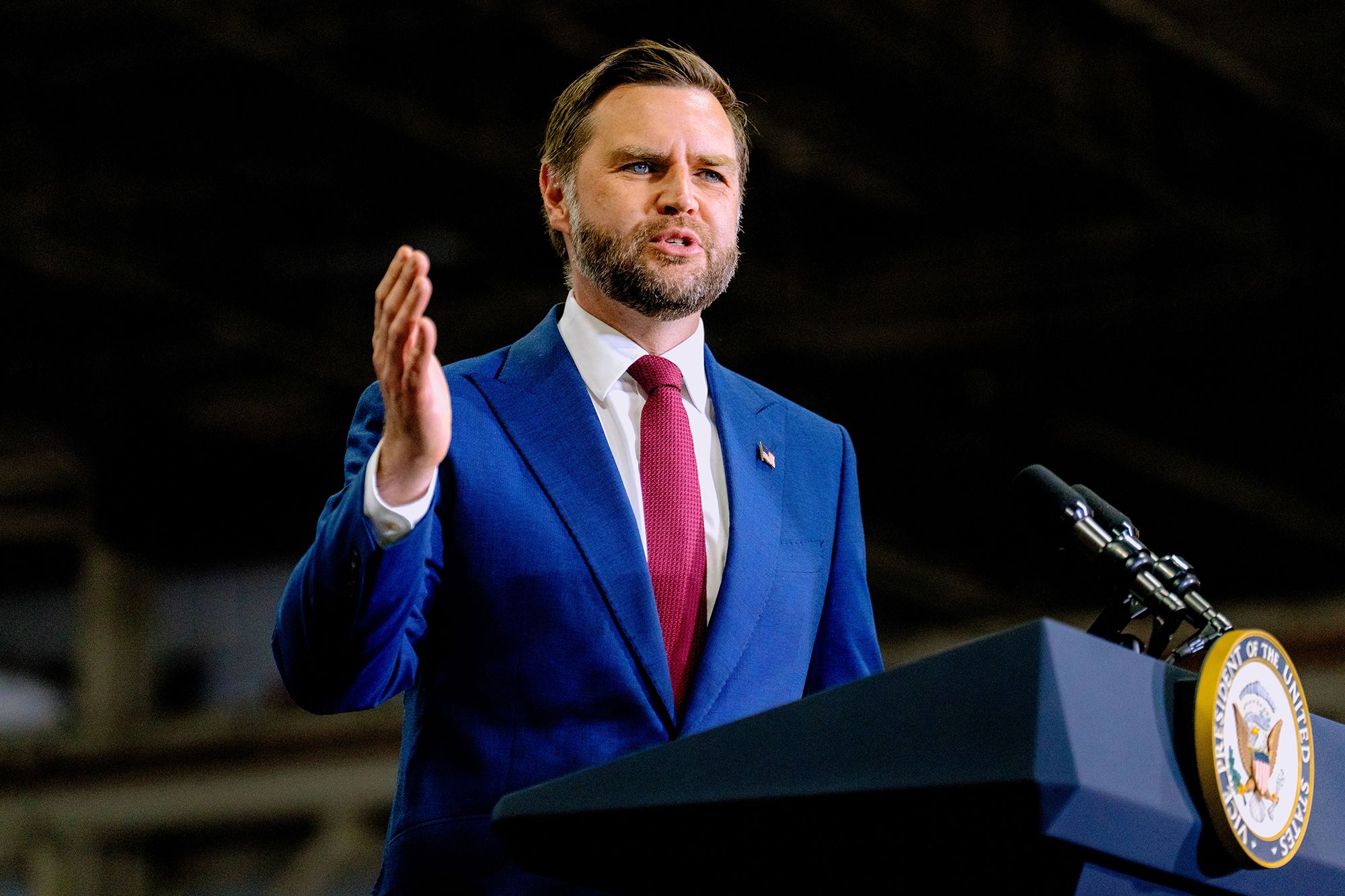 <i>Nic Antaya/Getty Images via CNN Newsource</i><br/>Vice President JD Vance speaks during a rally on August 31 in Sterling Heights