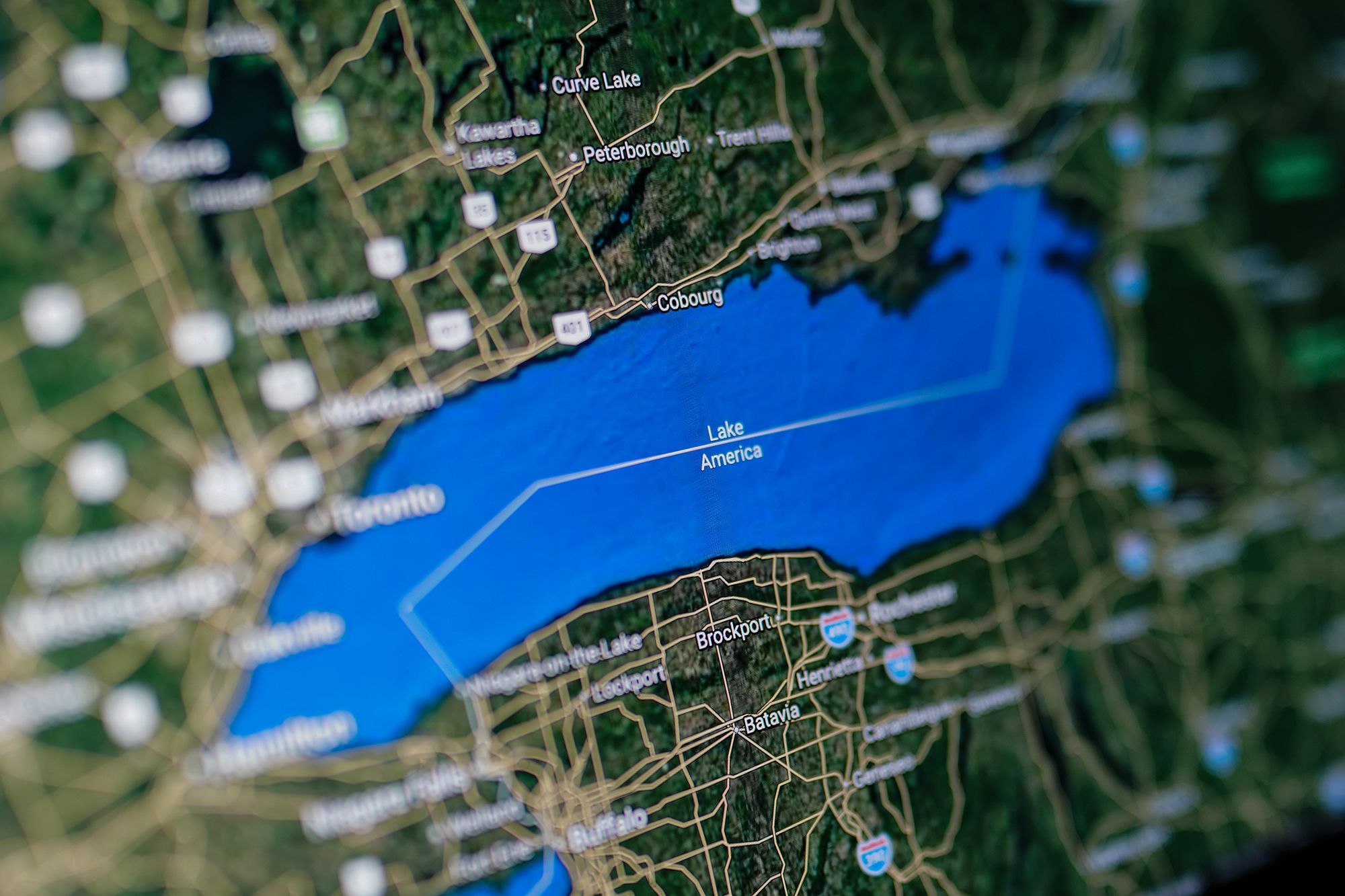 <i>Jae C. Hong/AP via CNN Newsource</i><br/>A Google Maps view shows Lake Ontario labeled as Lake America on August 31.