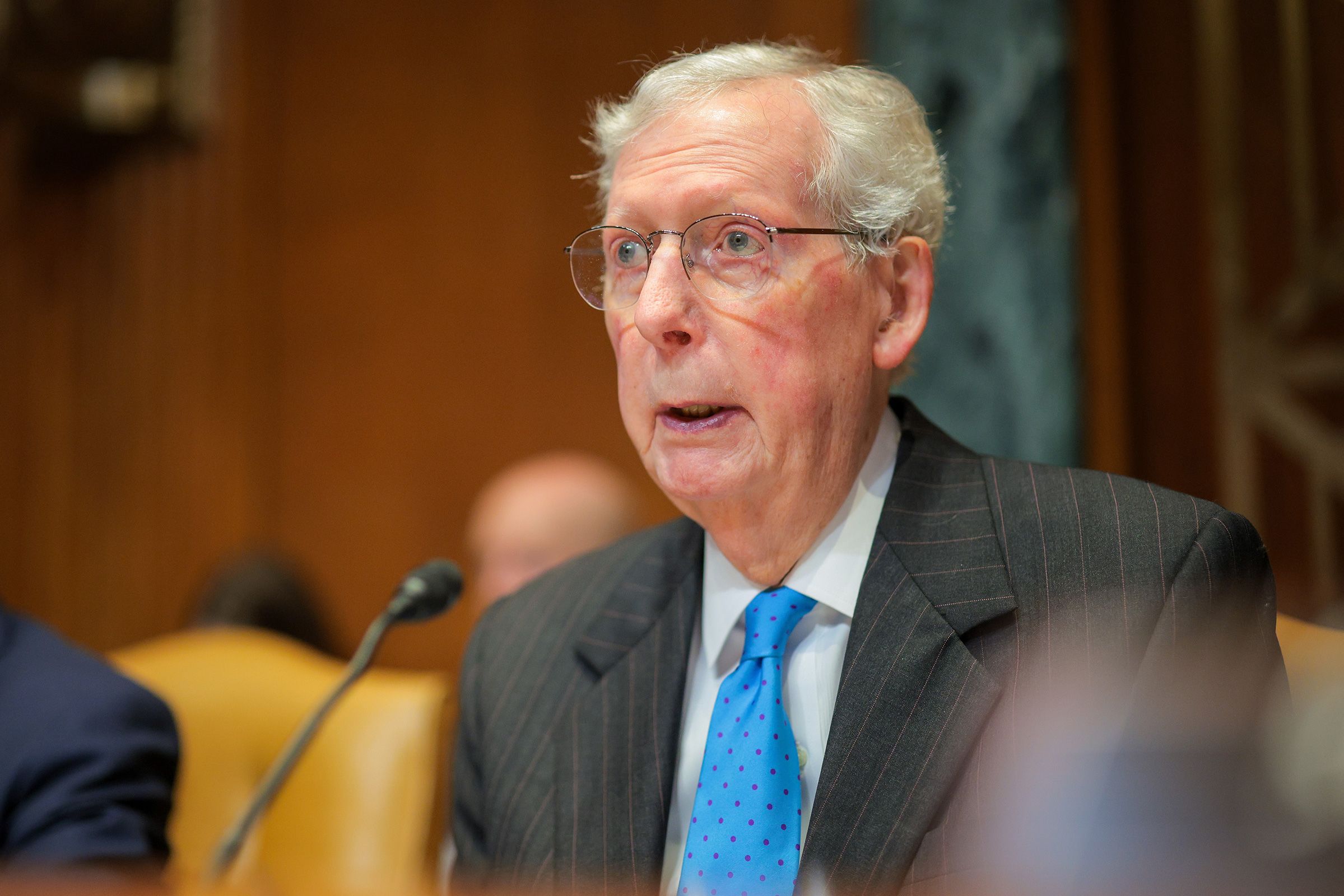<i>Chip Somodevilla/Getty Images/File via CNN Newsource</i><br/>Sen. Mitch McConnell delivers an opening statement during a Senate Appropriations Committee hearing in the Dirksen Senate Office Building