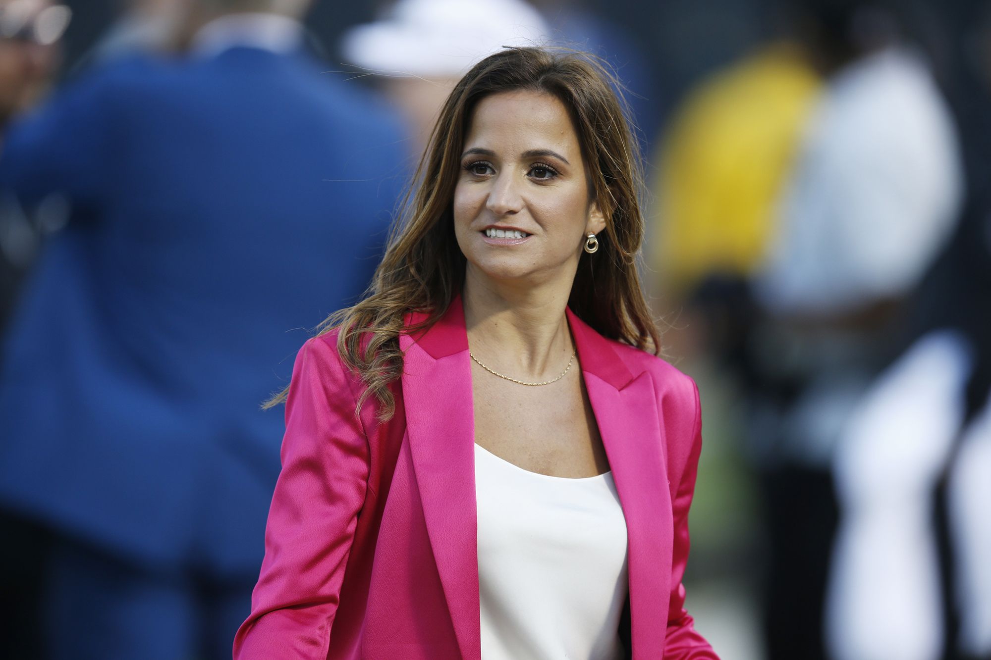 <i>D. Ross Cameron/AP via CNN Newsource</i><br/>ESPN reporter Dianna Russini on the sidelines before the start of an NFL football game between the Oakland Raiders and the Denver Broncos September 9