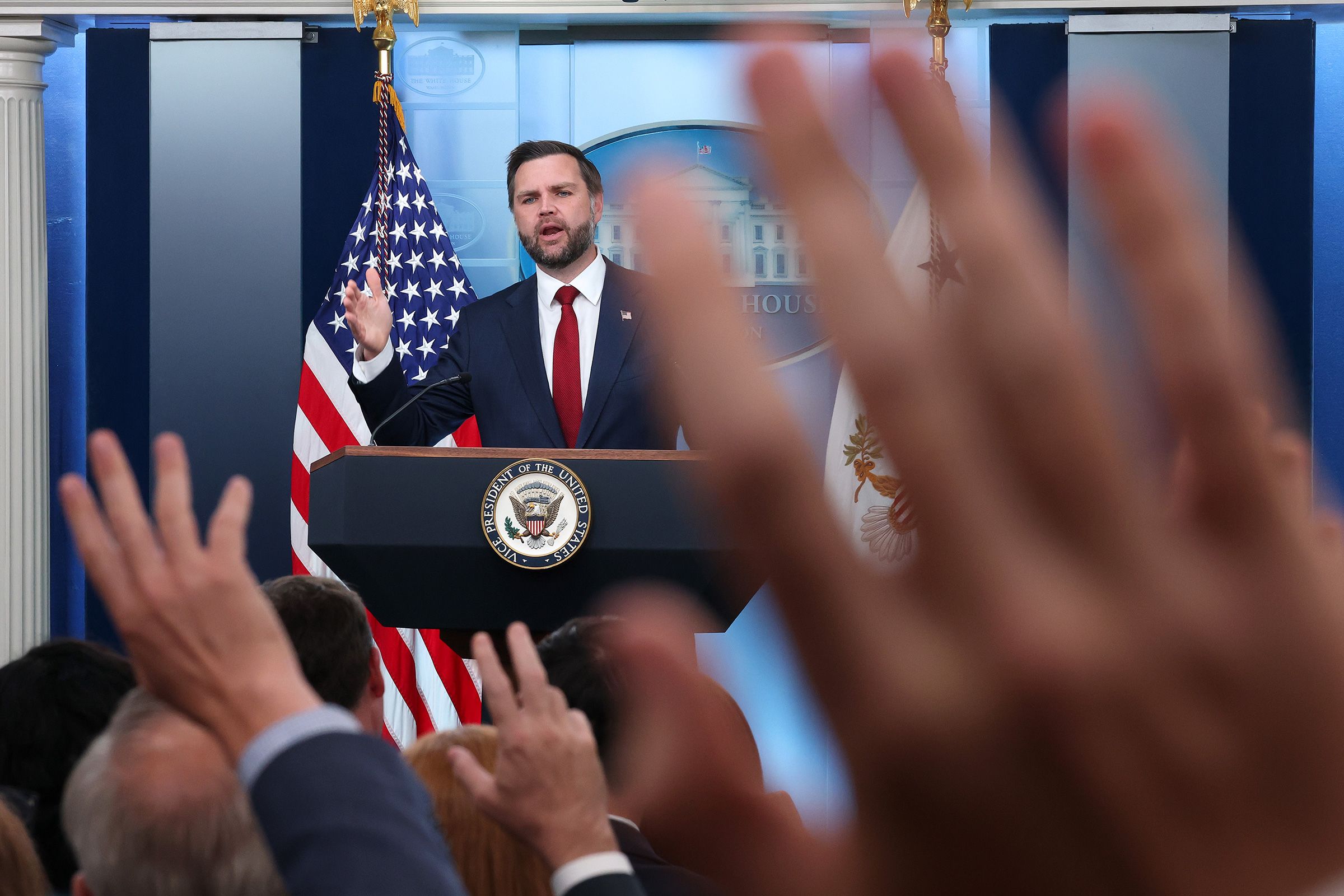 <i>Kevin Dietsch/Getty Images via CNN Newsource</i><br/>Vice President JD Vance takes questions from reporters during a news briefing in the Brady Press Briefing Room of the White House on September 3.