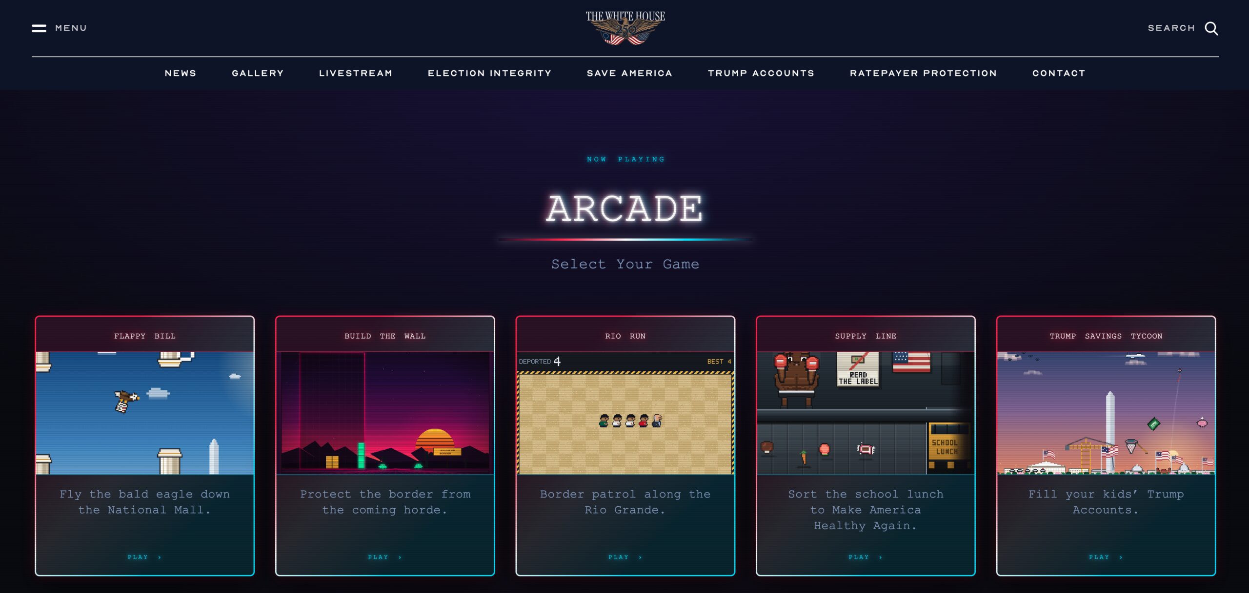 <i>arcade.gov via CNN Newsource</i><br/>A screenshot of the White House website showing arcade-style games that allow users to arrest immigrants and build a border wall.