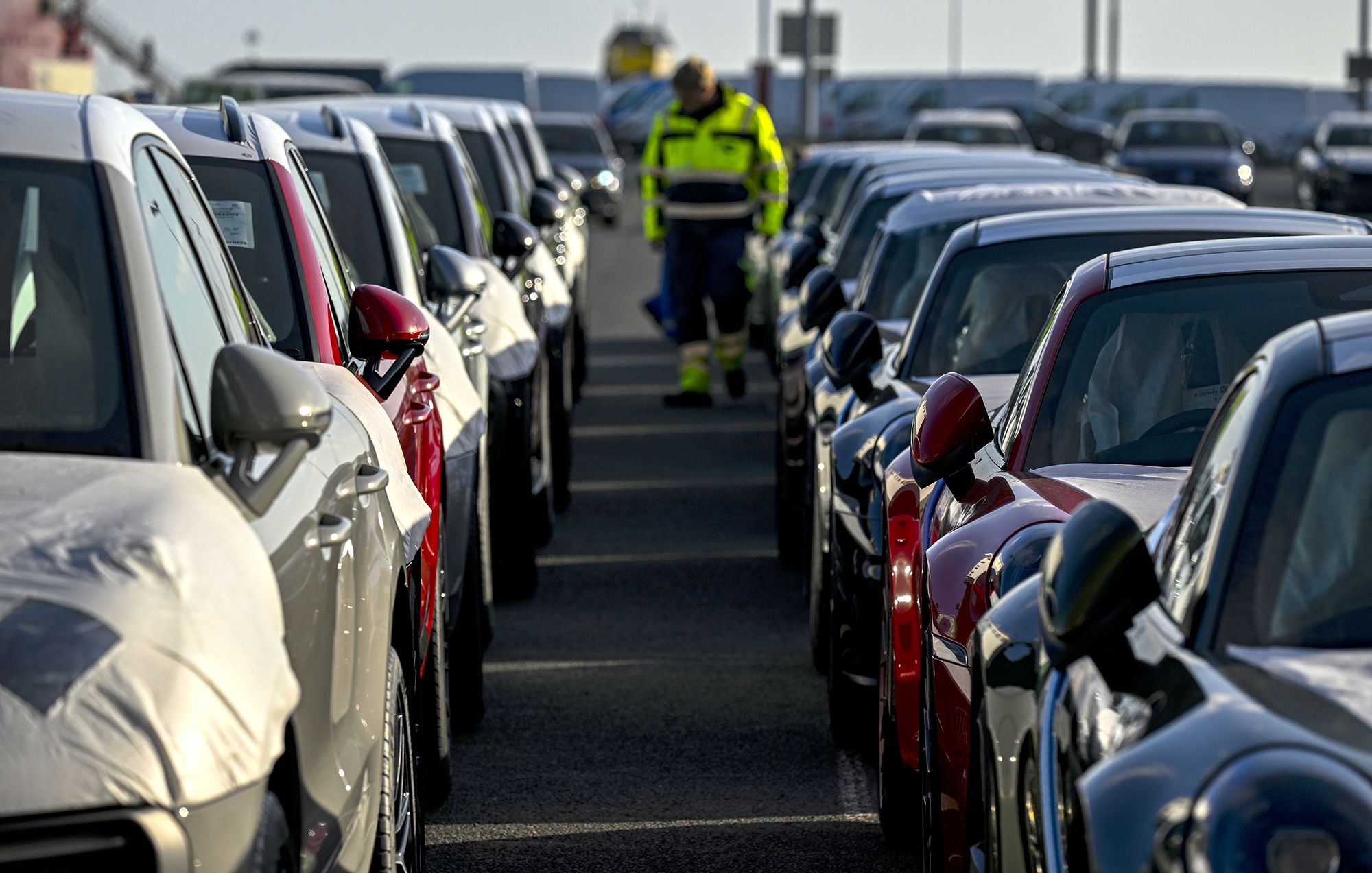 <i>Ina Fassbender/AFP/Getty Images via CNN Newsource</i><br/>New Porsches are ready for shipping next to the Volkswagen plant in Emden