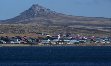 Mount Tumbledown stands tall behind Stanley on the Falkland Islands