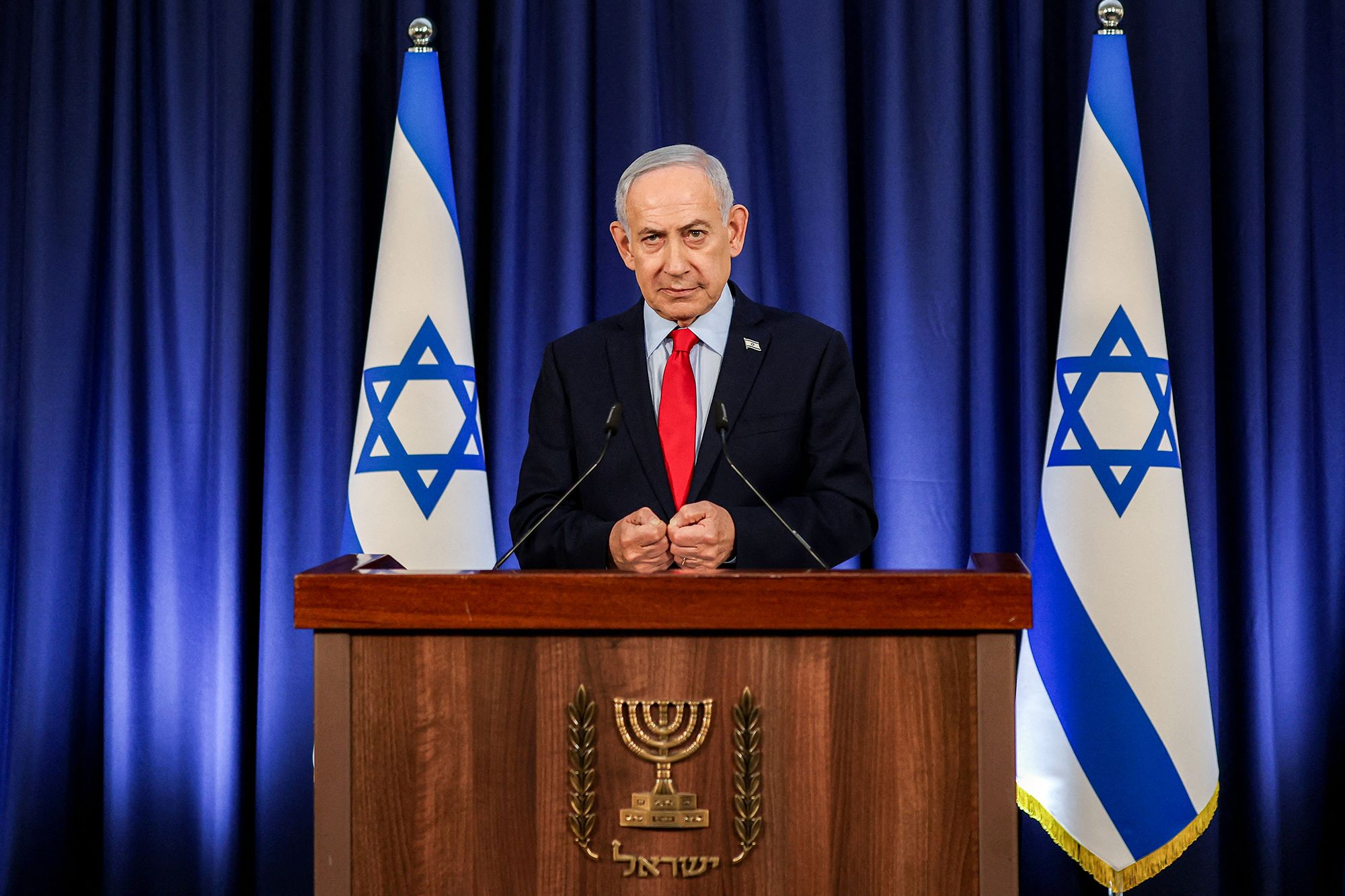 <i>Ronen Zvulun/AFP/Getty Images via CNN Newsource</i><br/>Israeli Prime Minister Benjamin Netanyahu speaks during a press conference in Jerusalem on March 19.