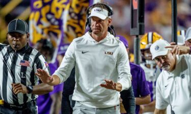 LSU head coach Lane Kiffin reacts during his team's blowout win over Clemson on Saturday
