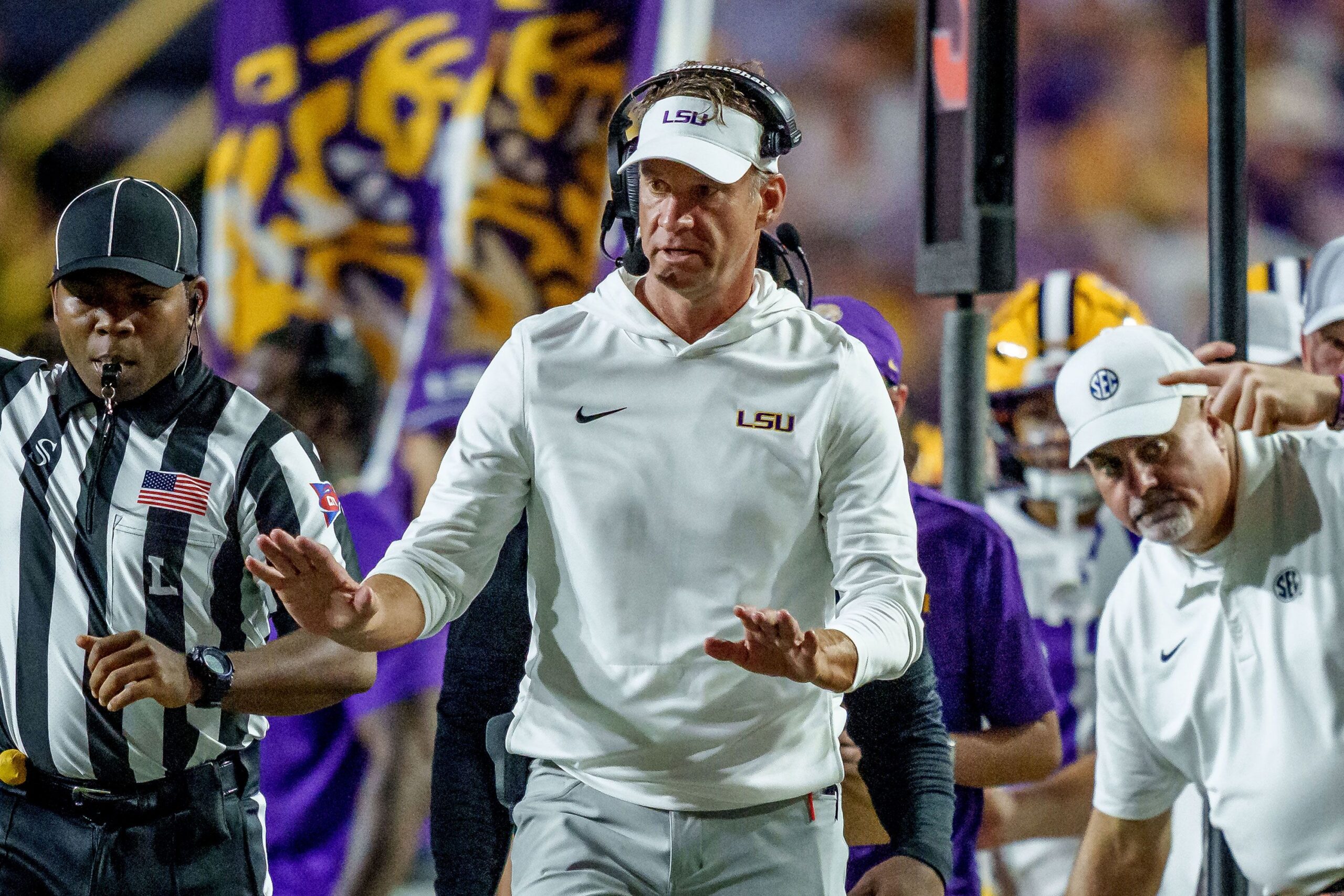 <i>Matthew Hinton/AP via CNN Newsource</i><br/>LSU head coach Lane Kiffin reacts during his team's blowout win over Clemson on Saturday