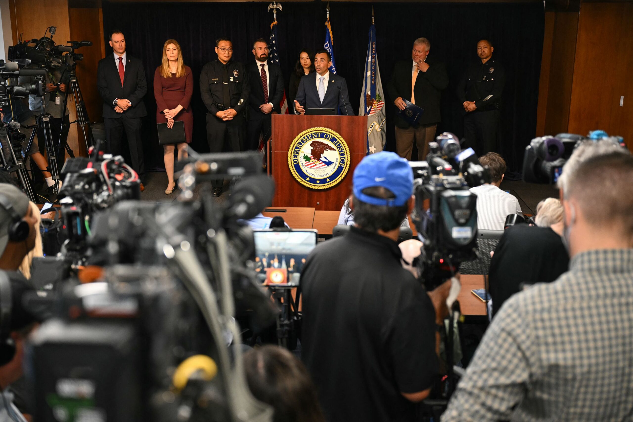 <i>Patrick T. Fallon/AFP/Getty Images via CNN Newsource</i><br/>US Attorney for the Central District of California Martin Estrada speaks during a 2024 press conference announcing arrests in the death of 