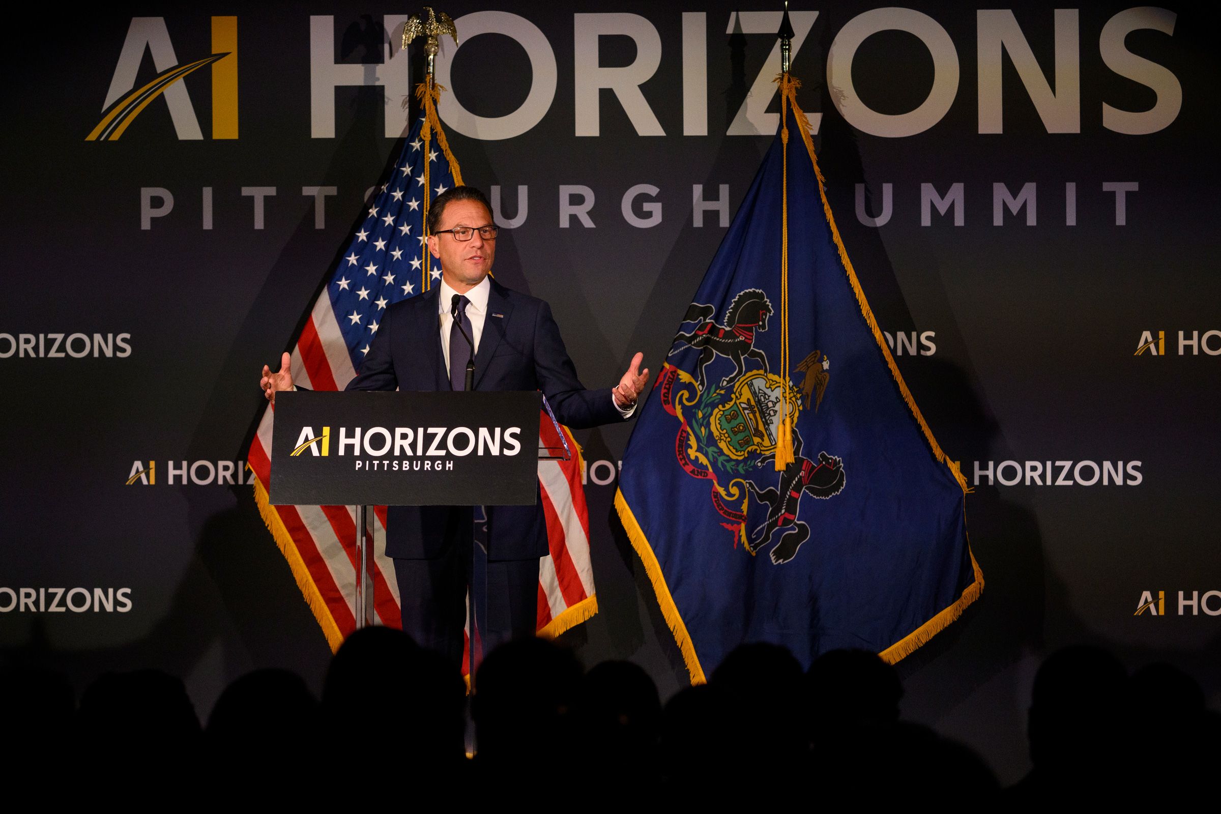 <i>Jeff Swensen/Getty Images via CNN Newsource</i><br/>Pennsylvania Gov. Josh Shapiro delivers the keynote speech during the AI Horizons Summit at Bakery Square on September 17