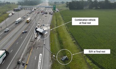 The wreckage of the Mack truck-tractor that hit the SUV on August 15