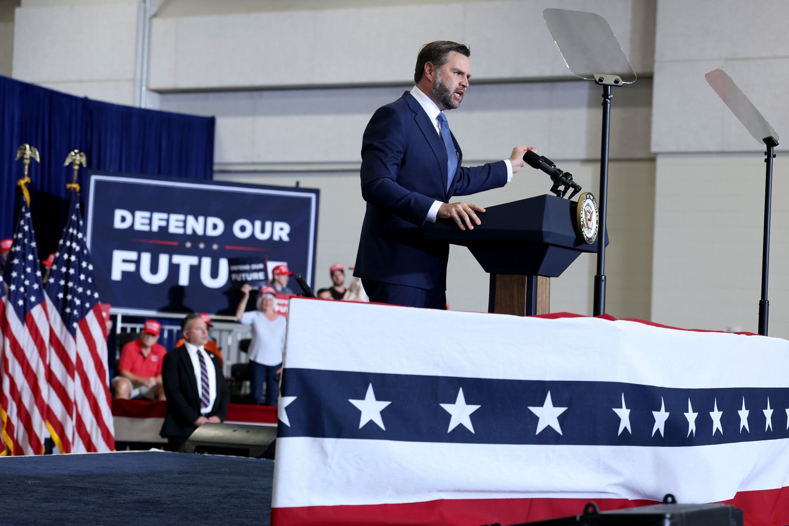 <i>Anna Moneymaker/Getty Images via CNN Newsource</i><br/>Vice President JD Vance speaks during a Republican National Committee’s Midterm Rally at the Mid-America Center on Friday