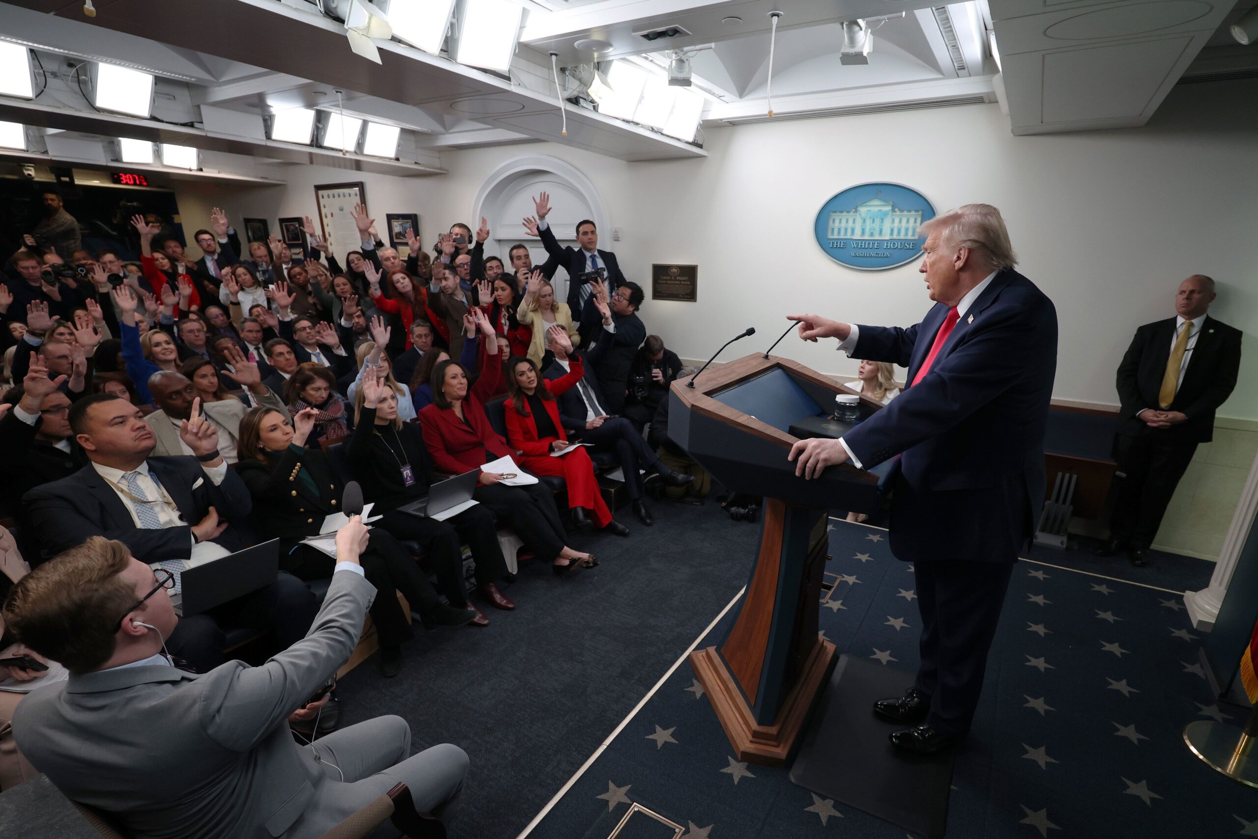 <i>Win McNamee/Getty Images via CNN Newsource</i><br/>President Donald Trump takes questions from the media during a press briefing in the White House on January 20