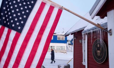 An American flag is displayed on the facade of the US consulate in Nuuk