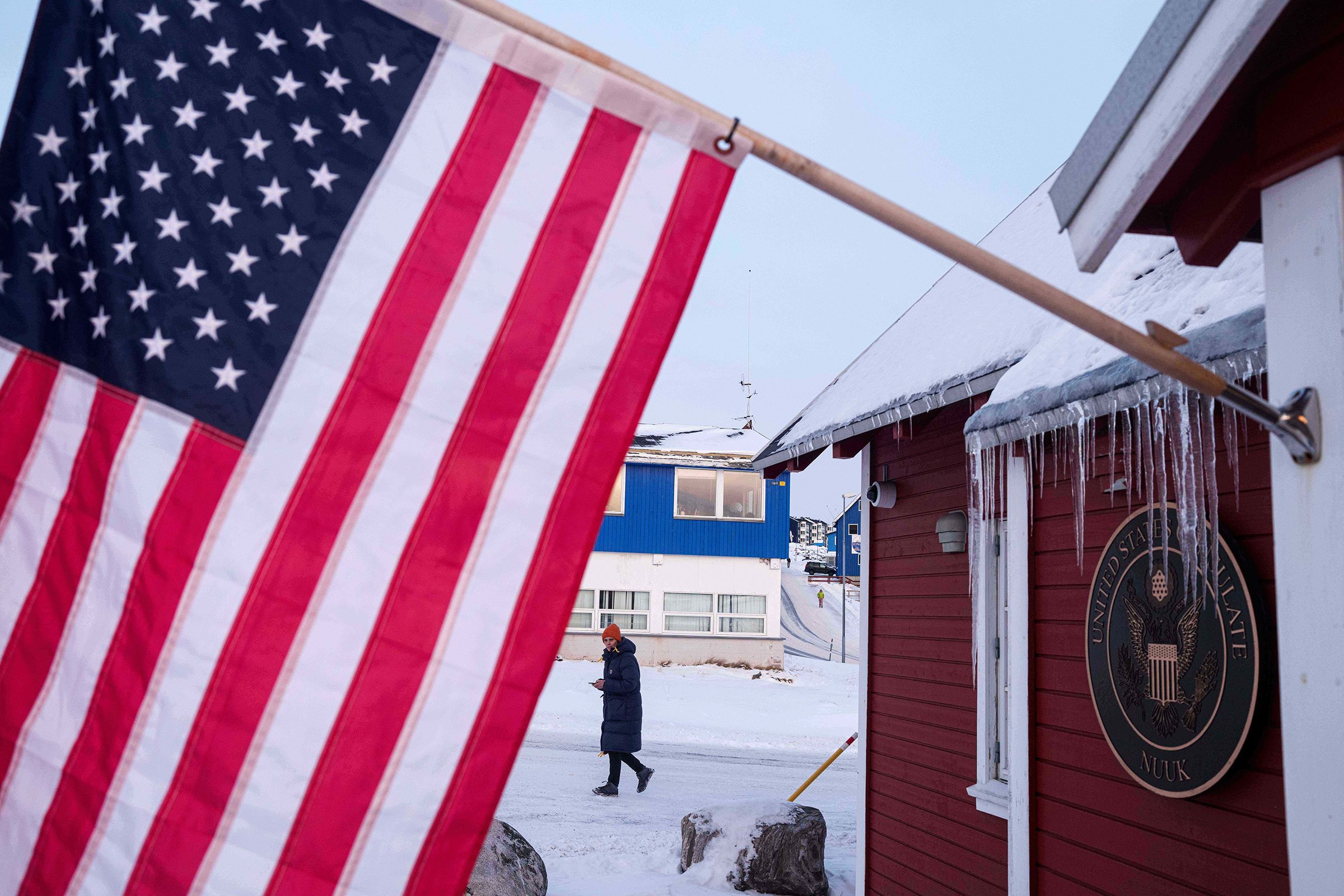 <i>Evgeniy Maloletka/AP via CNN Newsource</i><br/>An American flag is displayed on the facade of the US consulate in Nuuk