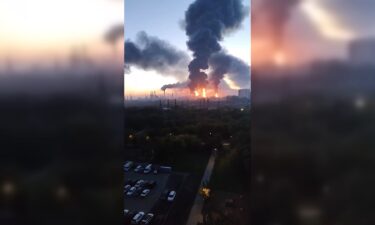 Video published by Ukraine's president shows a Moscow oil refinery on fire early Sunday.