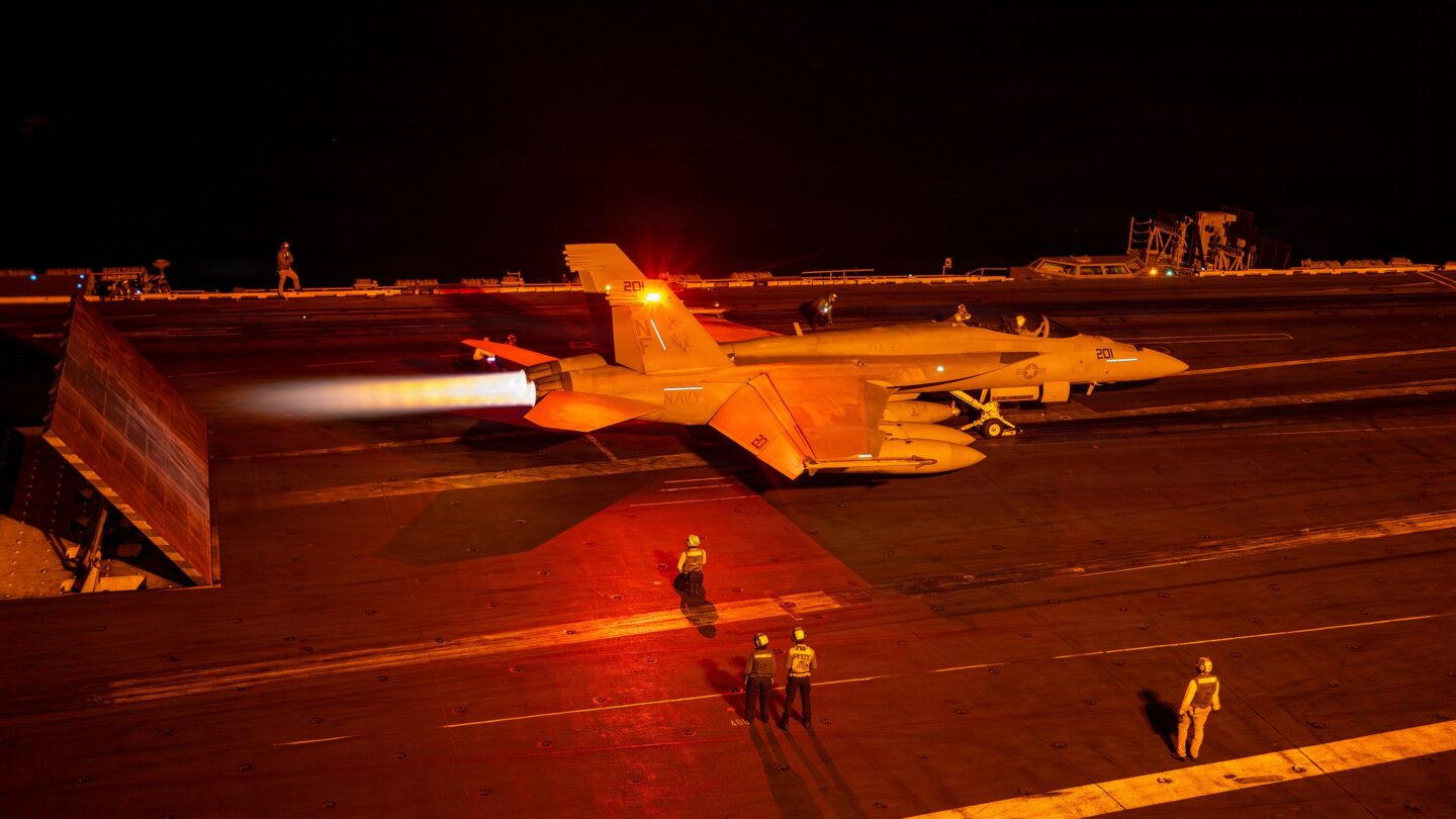 <i>US Navy via CNN Newsource</i><br/>An F/A-18 Super Hornet launches from the flight deck of the USS George Washington